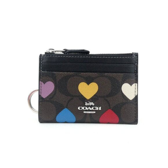Coach Signature Brown Black Multi Hearts Mini Skinny Id Case NWT CP466 - Picture 1 of 2